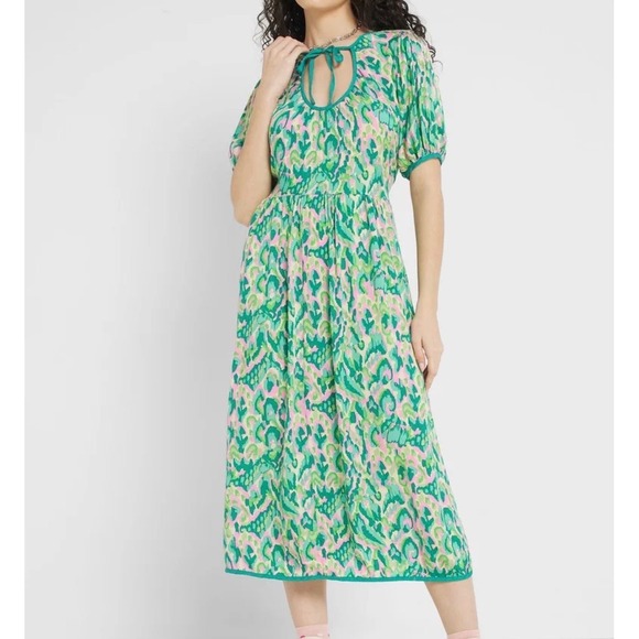 Unbranded Dresses & Skirts - Green Pink Midi Dress Keyhole boho cottage whimsi fairy Y2K  Puff Sleeve Rayon L